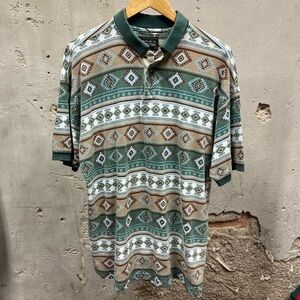 Maxx Vintage Western Aztec Printed Green & Brown Polo Shirt Large L Rodeo